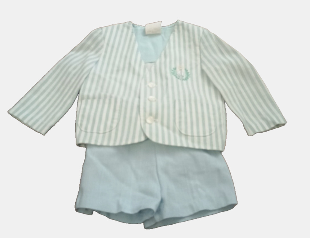 Vtg Set White Green Blue Striped 2T Toddler 60s embroidered Jacket & shorts USA